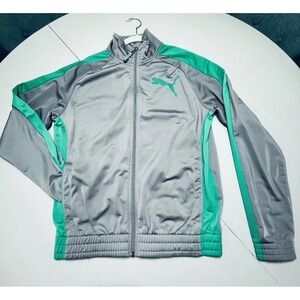 PUMA Sport Lifestyle Zip Up Gray/Green T7 Track Jacket Mens Small Soccer Tennis
